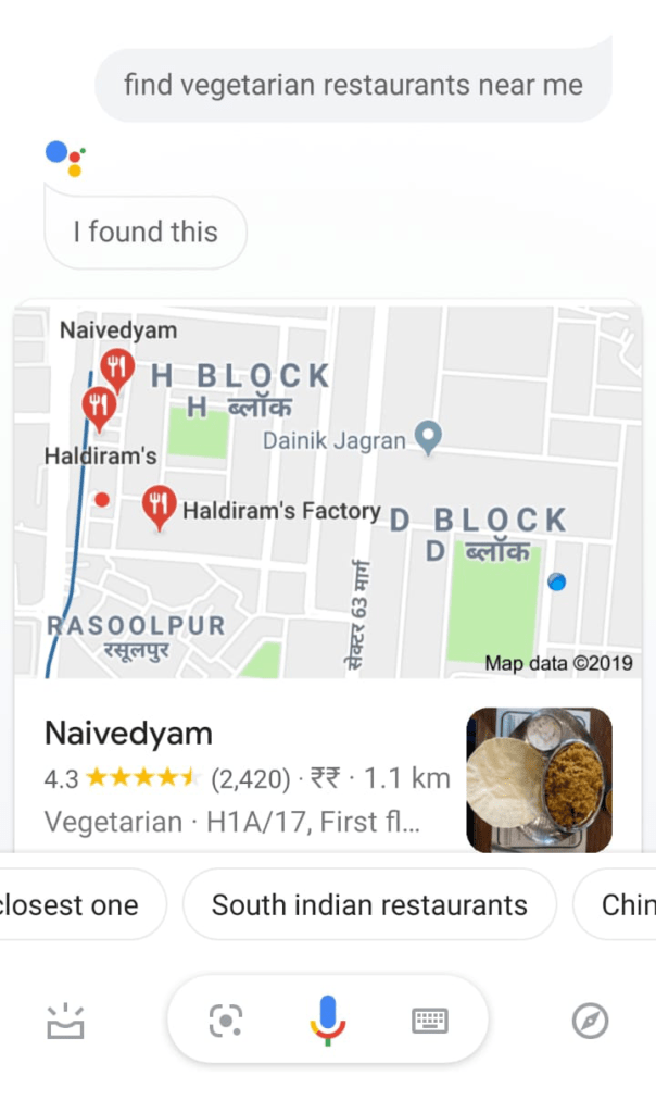 Voice search results of the query 'Vegetarian restaurants near me" 