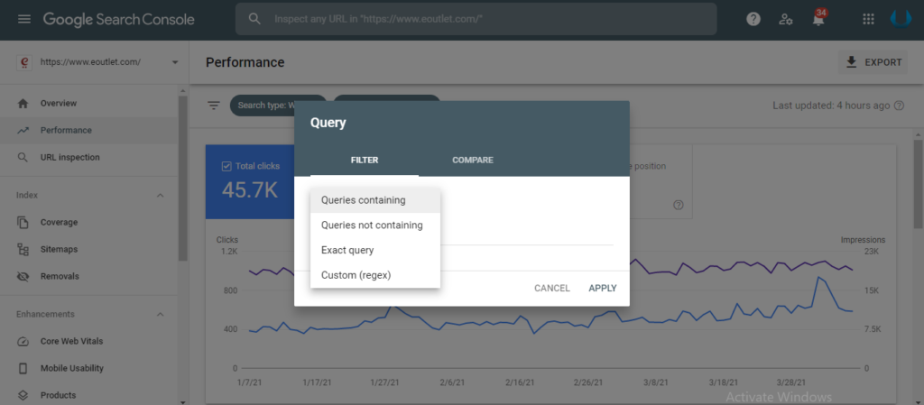 The image shows how the user can add Custom(Regex) Filter in Google Search Console