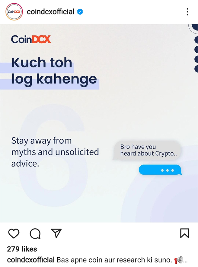 Instagram post by CoinDCX using attention-grabbing Hindi quotes