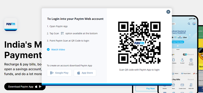 A QR code prompt for logging into the Paytm Web account